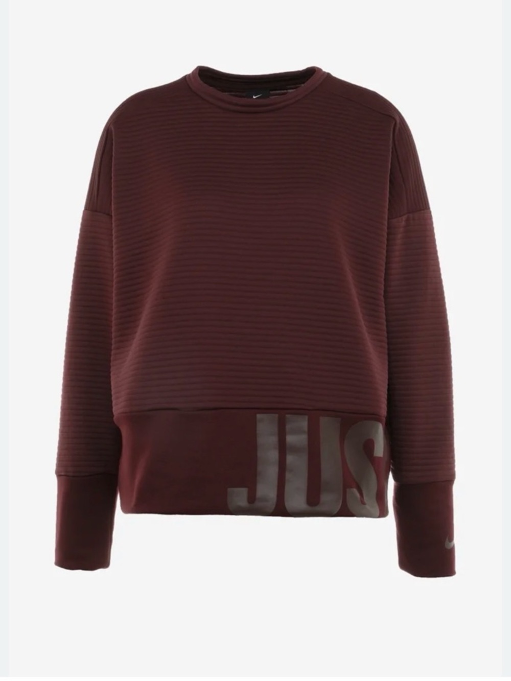 Nike Maroon Ribbed Crewneck Sweatshirt with 'JUST DO IT” printed on Hem.